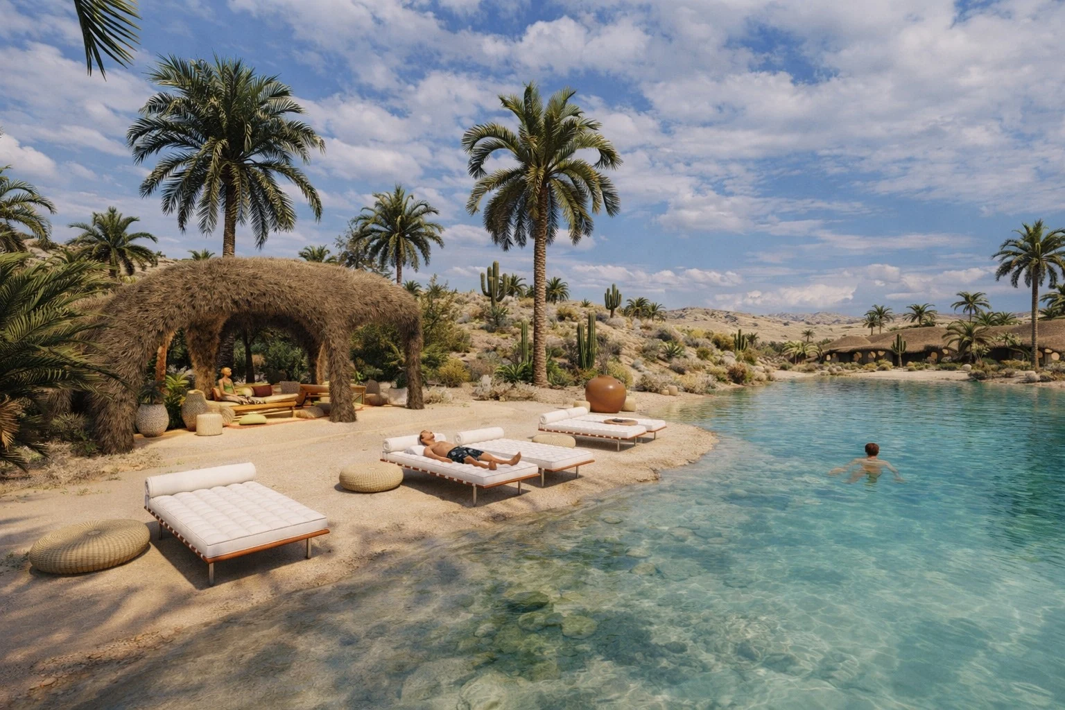 Lagoon wellness lounge with palms